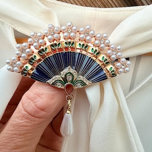 Suffragette Fan Brooch: Pearl, Enamel, Art Deco Style