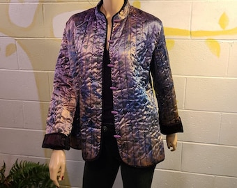 Vintage 70s Quilted Silk Satin Asian Jacket, Miss H Hochberg Clothing Co. Boxy, L/XL Bust 44"