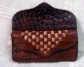 Vintage 50s Double Faced Design Woven Hand Tooled Leather Clutch/Wallet Unisex Boho, Hippie Rockabilly, Western, Hiptser