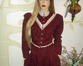 VTG 1970s Prairie Gunne Sax Suit Skirt Dress Midi Hippie, Peasant, Maroon Corduroy, Modest, Sz 7 Waist 28 quot