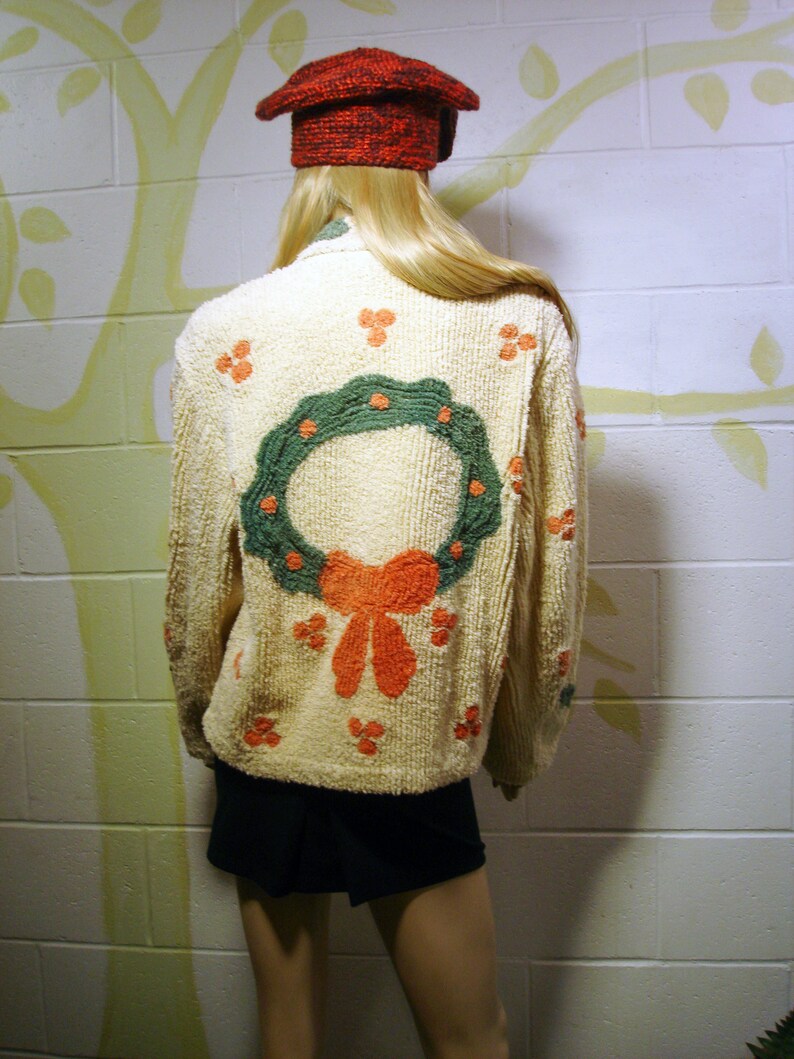 Vintage Chenille Bedspread Jacket Coat Caridigan Christmas Holiday Wreath Motif Bohemian Retro Chic SML