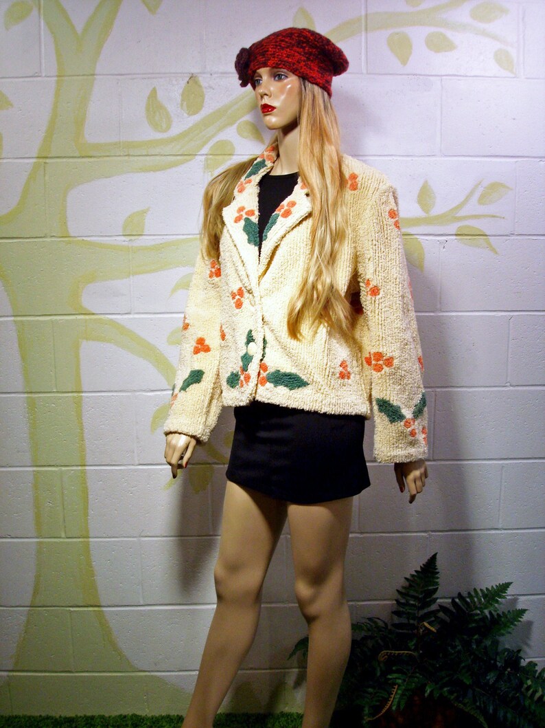Vintage Chenille Bedspread Jacket Coat Caridigan Christmas Holiday Wreath Motif Bohemian Retro Chic SML