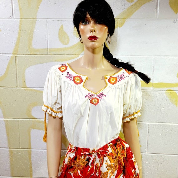 2pc Set India Gauze Peasant prairie Skirt Embroidered Mexican Blouse Top Set dress Boho Elastic Waist bust 48 L XL Etsy UK