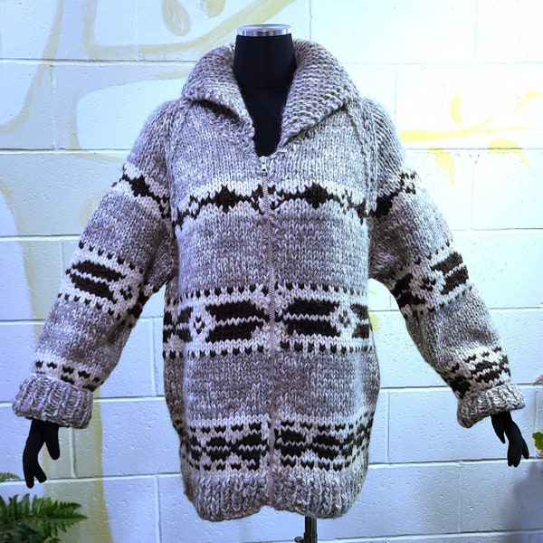 VTG COWICHAN Native American Motif Handknit Cardigan Sweater/Coat/Jacket 6-ply Wool L/XL Mary Maxim