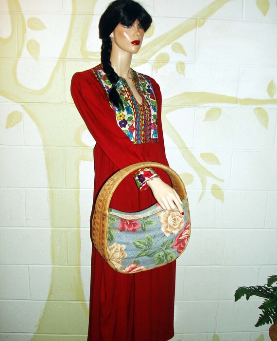 Vintage 40s/50s Big BarkCloth & Wicker Basket Bag/