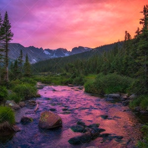 May include: A vibrant pink and orange sunset over a mountain range reflected in a clear stream flowing through a forest. The stream is surrounded by green trees and rocks.