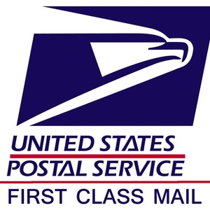 May include: The United States Postal Service logo features a stylized eagle head in white against a dark blue background. Below, the words "UNITED STATES POSTAL SERVICE" and "FIRST CLASS MAIL" are displayed in a bold, sans-serif font.