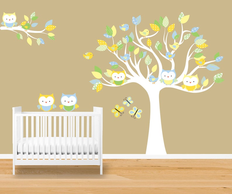 owl tree wall decal unisex nursery decor orange green | etsy