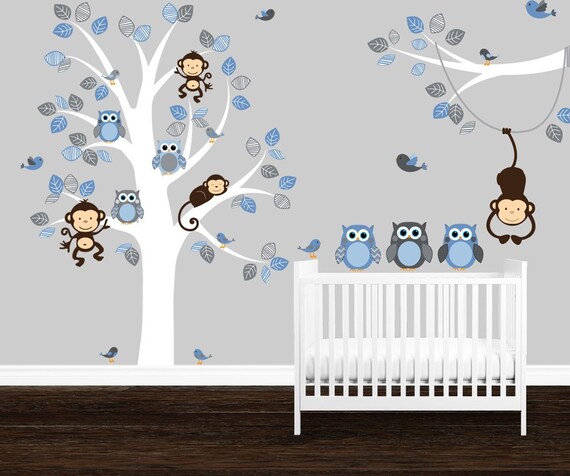 Boy S Room Owl Tree Wall Decal Polka Dots Gray Blue Nursery Decals Owl Stickers Baby Boy Wall Decals Monkey Baby Shower Baby Boy