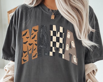 Comfort Colors® Halloween Mama Shirt, Spooky Mom Tee, Bat Ghost Checkered Letters Top, Fall Gift for New Mom 001854