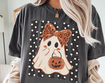 Comfort Colors® Ghost Bow Shirt, Leopard Bow Pumpkin Ghost Tee, Polka Dot Halloween Top, Cute Fall Gift for Women 001850