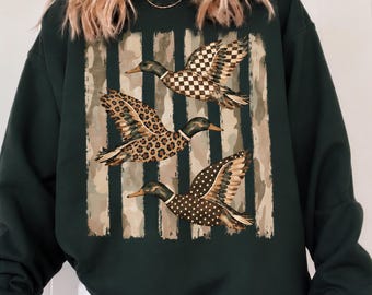 Comfort Colors® Duck Hunting Shirt, Mallard Camo Stripe Tee, Leopard Checkered Flying Ducks Top, Country Hunter Gift for Women 001889