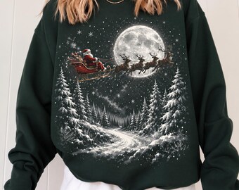 Comfort Colors® Santa Sleigh Shirt, Vintage Christmas Night Tee, Reindeer Moon Winter Sweatshirt, Snowy Forest Xmas Gift for Women 001924