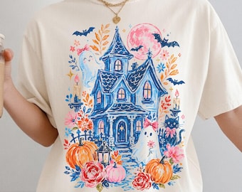 Comfort Color® Whimsical Haunted House Halloween Shirt Cottagecore Ghost Pumpkin Floral Tee Spooky Cute Fall Aesthetic Witchy Tee 001664