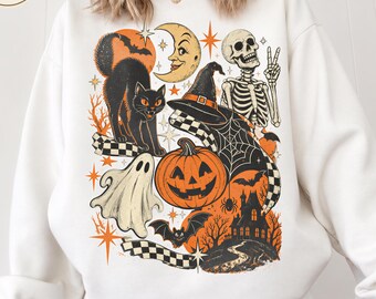 Comfort Colors® Halloween Collage Shirt, Vintage Skeleton Ghost Tee, Retro Black Cat Pumpkin Top, Checkered Spooky Gift for Women 001887