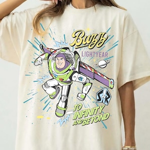 A white t-shirt with a colorful graphic design featuring a character from the animated film Toy Story.