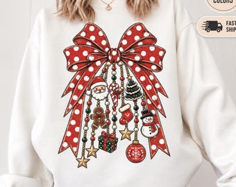 Comfort Colors® Christmas Bow Shirt, Coquette Polka Dot Bow Tee, Gingerbread Santa Ornament Sweatshirt, Cute Xmas Gift for Women 001919