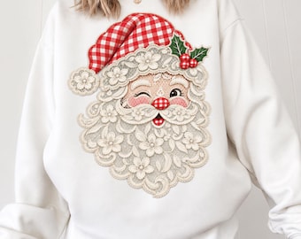 Comfort Colors® Lace Santa Shirt, Gingham Hat Christmas Sweatshirt, Winking Santa Claus Tee, Coquette Beard Xmas Gift for Women 001893
