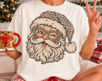 leopard santa shirt, santa leopard print, leopard holiday tee, leopard christmas, leopard print shirt, animal print santa, santa face shirt
