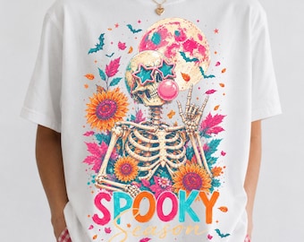 Comfort Color® Spooky Season Skeleton Shirt, Colorful Halloween Shirt, Floral Skull Tee, Autumn Cute Gothic Skeleton Halloween Tee 001688