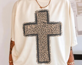 Comfort Colors® Leopard Cross Shirt, Distressed Cheetah Print Christian Tee, Faith Based Sweatshirt, Church Gift for Women 001921