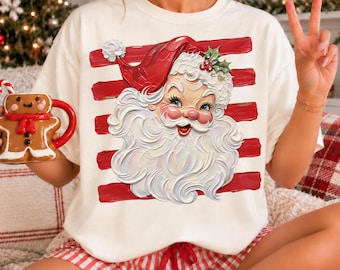 Comfort Colors® Vintage Santa Shirt, Retro Santa Claus Christmas Sweatshirt, Red Striped Holiday Tee, Classic Xmas Gift for Women 001925