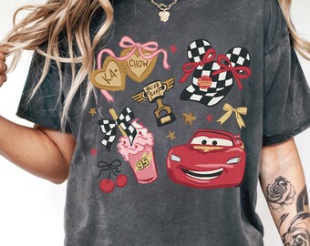 Comfort Color® Disney Coquette Bow Cherry Lightning McQueen Disney Cars Shirt, Disney Pixar Characters, Disneyland Trip Shirt, 00894