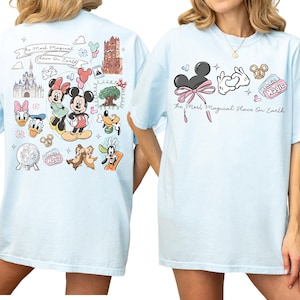 two different views of a white t-shirt with Disney-themed graphics and text.