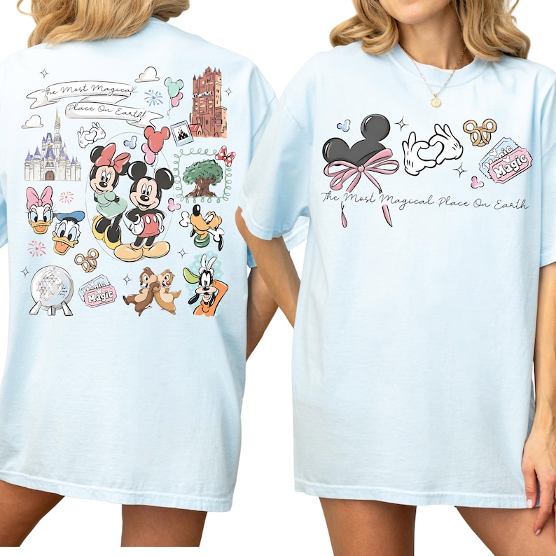 two different views of a white t-shirt with Disney-themed graphics and text.