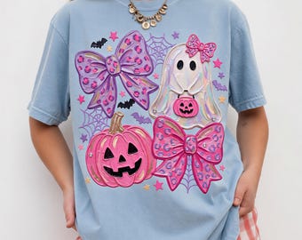 Pink Coquette Ghost Shirt, Bow Pumpkin Halloween Comfort Colors Tee, Cute Girly Spooky Season Shirt, Retro Fall Halloween T-Shirt