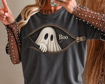 Comfort Colors® Zipper Ghost Shirt, Boo Peeking Ghost Halloween Tee, Cute Spooky Season Top, Minimalist Fall Gift for Her 001877
