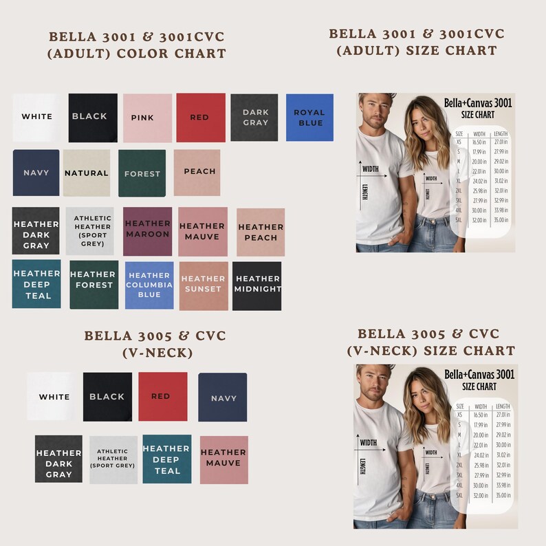 two color charts and two size charts for a clothing brand, Bella. The color charts display various color options for shirts, while the size charts show the corresponding sizes for the shirts.