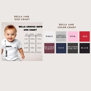 The image is a size chart for a baby, showing the measurements for different age groups. It includes a baby's head and shoulders, as well as the corresponding widths and lengths for each age group. The chart also includes color charts for the baby's clothing, displaying the colors navy, black, red, white, athletic heather, maroon, and navy.