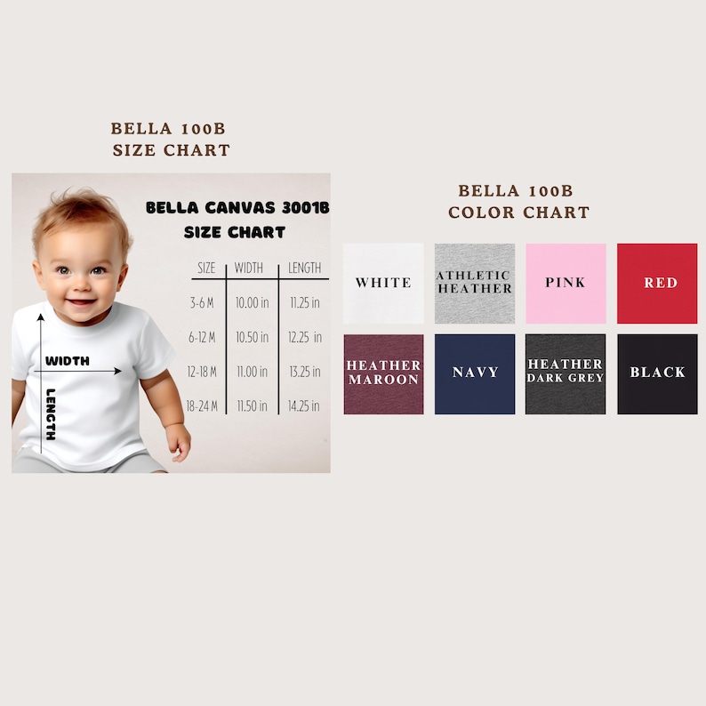 The image is a size chart for a baby, showing the measurements for different age groups. It includes a baby's head and shoulders, as well as the corresponding widths and lengths for each age group. The chart also includes color charts for the baby's clothing, displaying the colors navy, black, red, white, athletic heather, maroon, and navy.