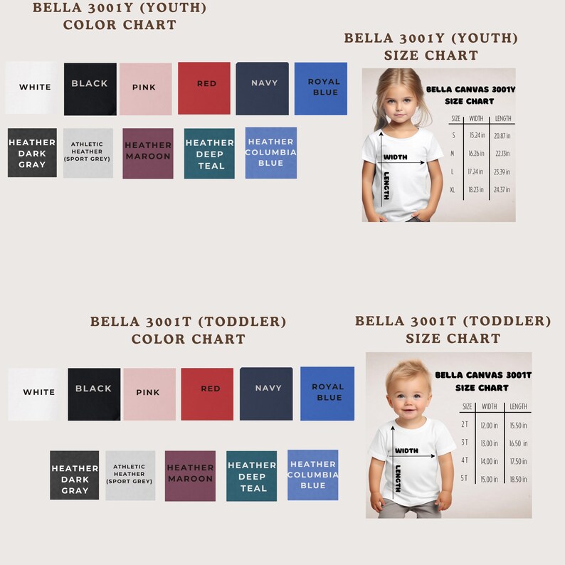 The image is a color chart and size chart for two different types of t-shirts: a youth t-shirt and a toddler t-shirt. The charts provide color options and corresponding measurements for each t-shirt type.