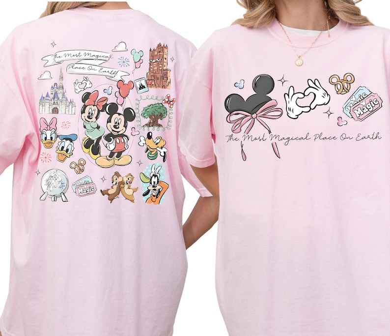 two pink t-shirts with Disney characters and various Disney-themed illustrations.