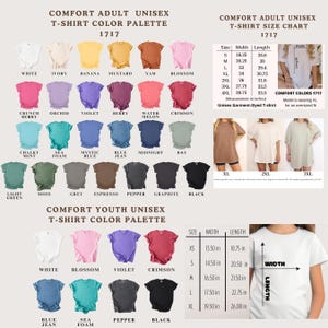 The image is a color palette for a t-shirt design, featuring a variety of different colors and styles. It includes a chart that provides size and length information for each color, as well as a model wearing a size 1117 t-shirt. The image also includes a separate section for a comfort youth unisex t-shirt color palette, which includes a separate chart for different sizes and styles.