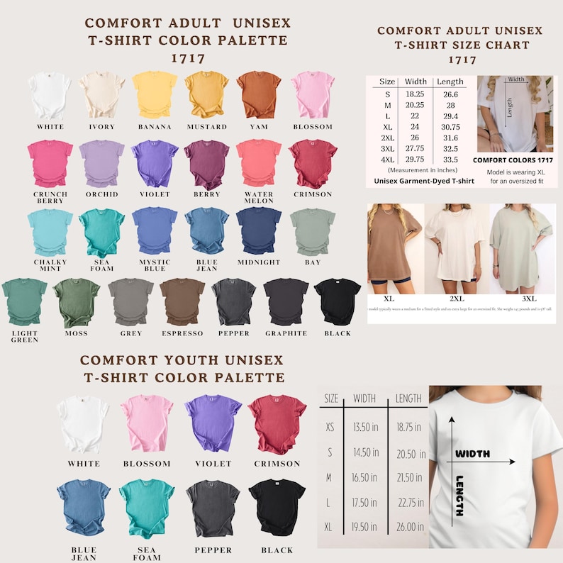 The image is a color palette for a t-shirt design, featuring a variety of different colors and styles. It includes a chart that provides size and length information for each color, as well as a model wearing a size 1117 t-shirt. The image also includes a separate section for a comfort youth unisex t-shirt color palette, which includes a separate chart for different sizes and styles.