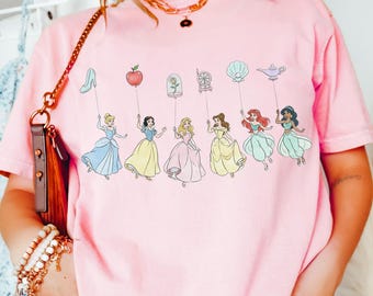 Comfort Color® Disney Princess with Balloons Shirt Disneyworld Shirt Cinderella Belle Rapunzel Ariel Jasmine Snow White Disney Trip 001087