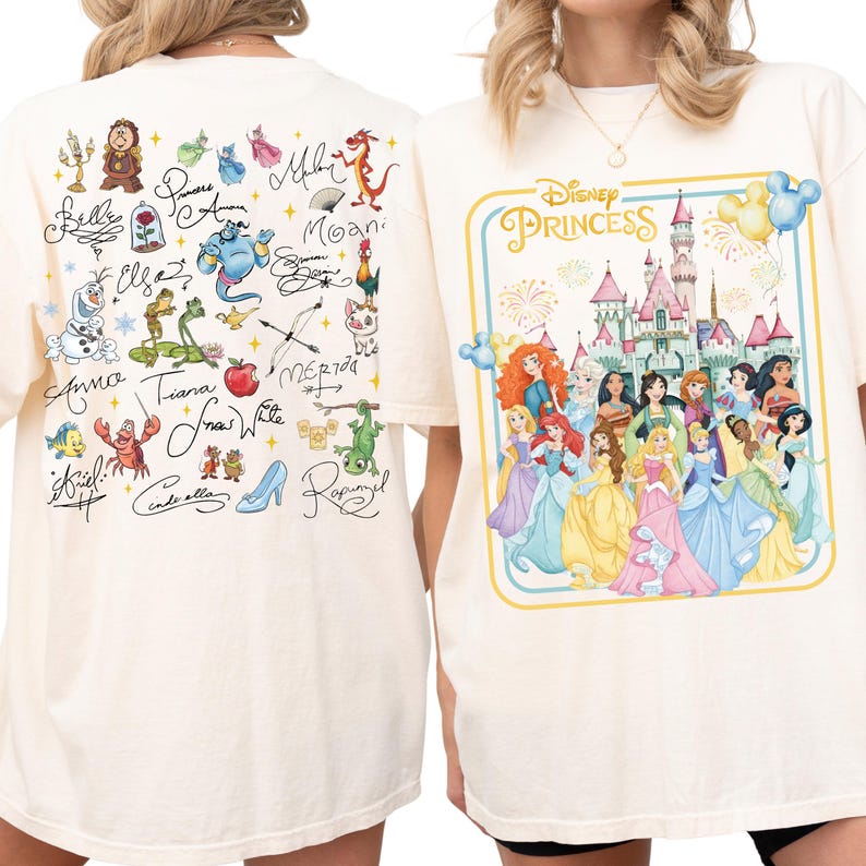 two white t-shirts with Disney Princess-themed designs. The t-shirt on the left has a collage of various Disney characters and elements, while the t-shirt on the right features a central illustration of the Disney Princess characters.