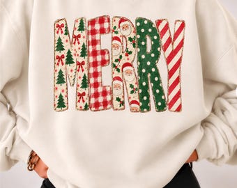 Comfort Colors® Merry Santa Letters Shirt, Plaid Christmas Tree Tee, Faux Embroidery Holiday Top, Festive Xmas Gift for Women 001913