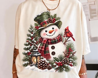 Comfort Colors® Vintage Snowman Christmas Shirt, Cardinal Tee, Plaid Scarf Winter Sweatshirt, Rustic Holiday Xmas Gift for Women 001926