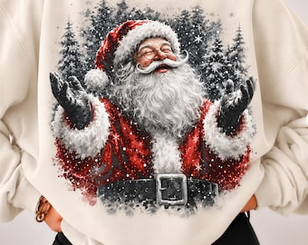 Comfort Colors® Glitter Santa Shirt, Snowy Forest Christmas Tee, Sparkly Santa Claus Holiday Sweatshirt, Winter Xmas Gift for Women 001931