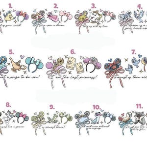 a collection of illustrations featuring various headbands and whimsical elements such as hearts, stars, and animals. The illustrations are accompanied by text that describes the headbands and their significance. The text includes phrases like "I'm not a price to be won!", "I am the last princess!", "A dream is a wish your heart makes!", "A fairytale of them all!", "I am the best princess!", "I am the last princess!", "I will never be belted", and "Go get the woman!".