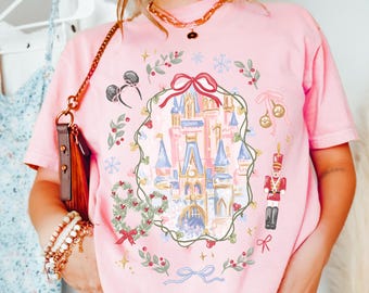 Comfort Color® Disney Coquette Bow Christmas Shirt Mickey xmas Shirt Disney Magic Castle Christmas tee Disney Trip Shirt Nutcracker 00929