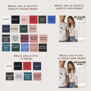two color charts and two size charts for a clothing brand, Bella. The color charts display various color options for shirts, while the size charts show the corresponding sizes for the shirts.
