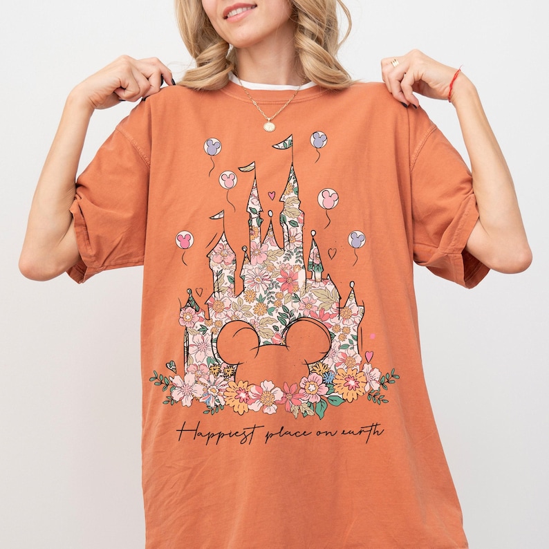 Comfort Color® Disney Castle Floral Minnie Shirt, Happiest Place on Earth Shirt, Magic Kingdom Castle, Vintage Disney Shirt, 00121 image 3