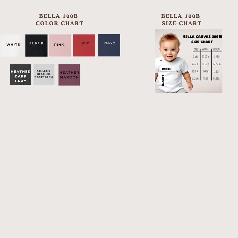 The image is a color chart and size chart for a baby's clothing, specifically a white, black, pink, red, navy, and grey t-shirt. The color chart displays the color options and their corresponding widths, while the size chart shows the corresponding sizes and their corresponding heights.