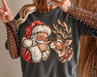 Comfort Colors® Santa Boop Shirt, Red Nose Reindeer Christmas Tee, Vintage Santa Claus Top, Cute Holiday Gift for Her 001876
