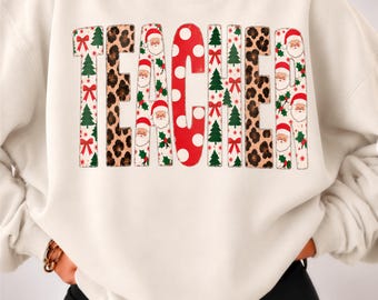 Comfort Colors® Christmas Teacher Shirt, Leopard Santa Letters Tee, Faux Embroidery Holiday Top, Xmas Gift for School Staff 001914